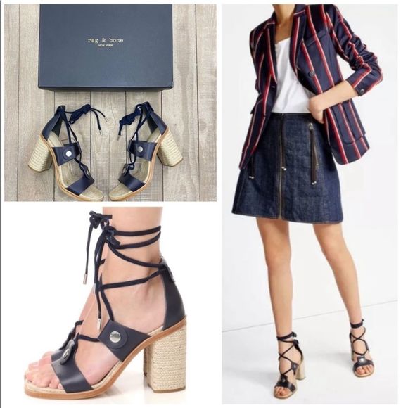 NIB $450 rag & bone | Eden | Jute Wrapped Block Heel Strappy Sandals in Navy - Picture 1 of 5